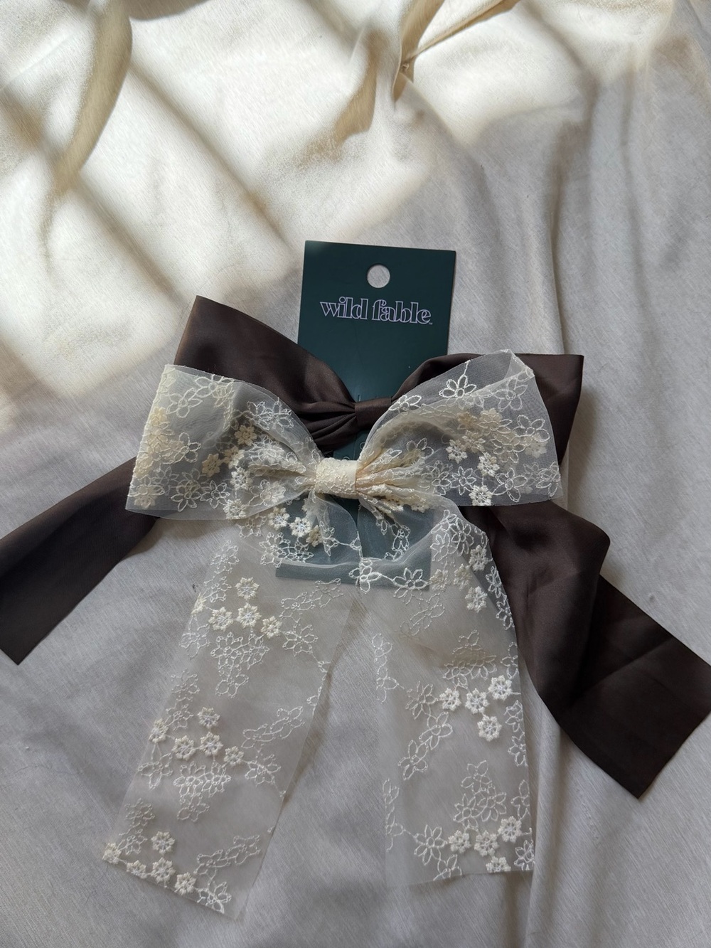 Wild Fable Brown Satin Bow and Cream Lace Overlay Bow clips